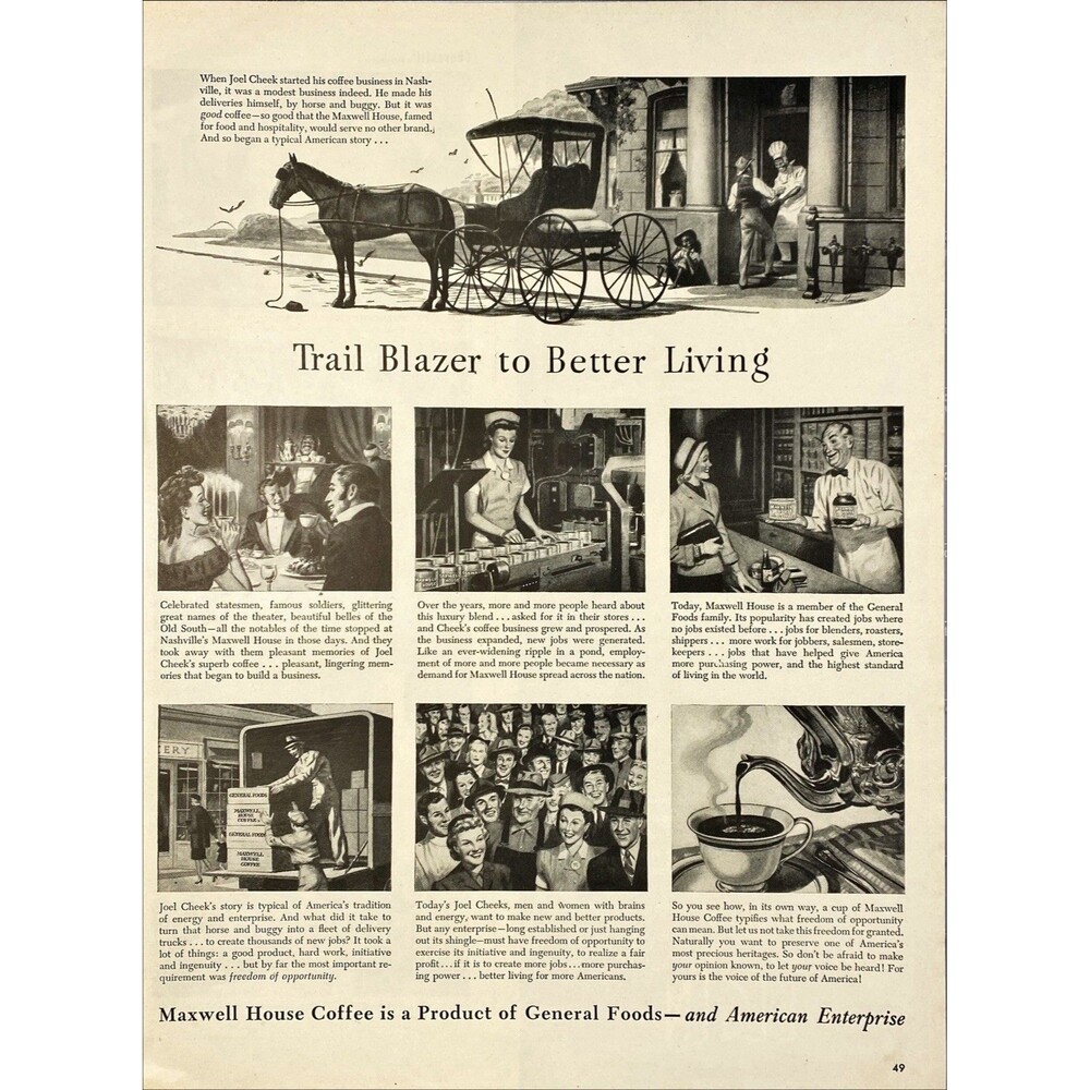 Maxwell House Coffee "Trail Blazer to Better Living" Vintage Print Ad 1946
